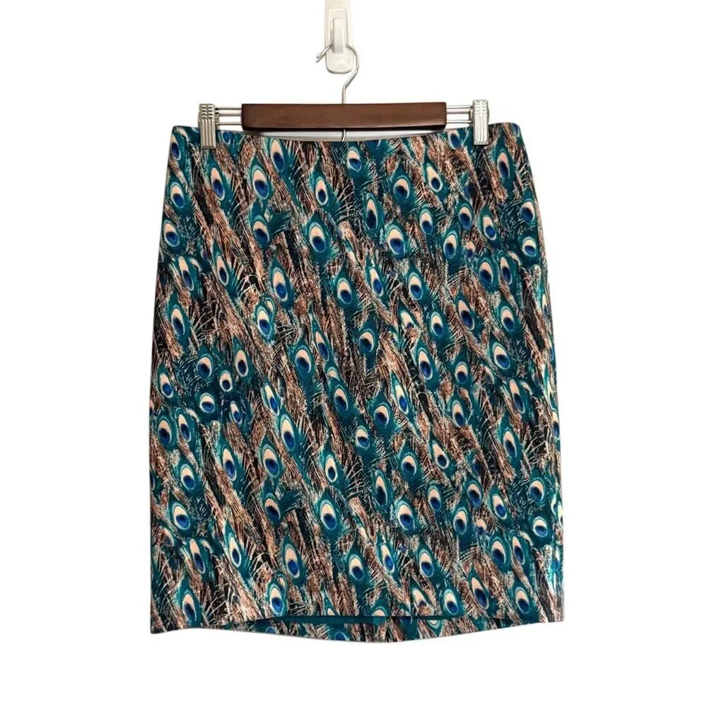 Talbots Peacock Feathers Print Pencil Skirt Stretch Knit 10 Petite Office Work